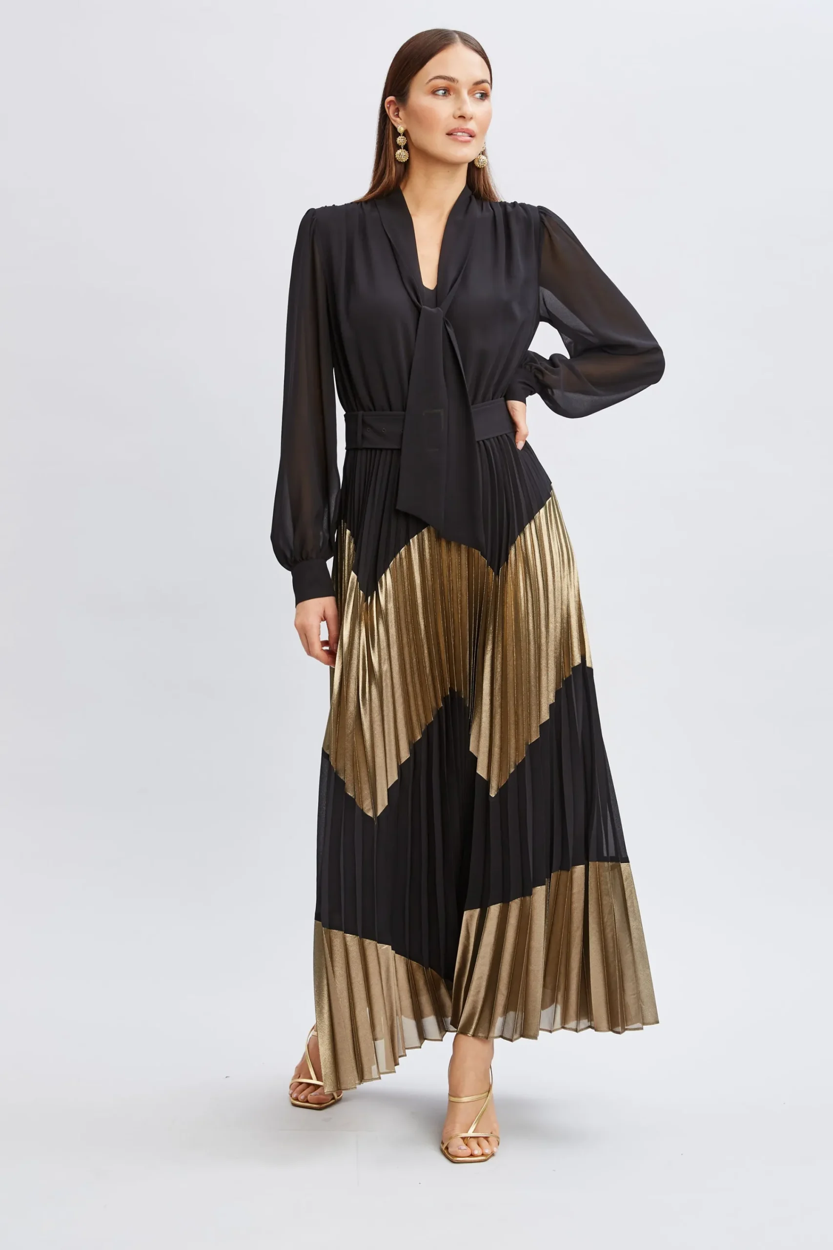 Elie Tahari Dresses & Jumpsuits|Maxi Dresses-Chiffon Gilded Pleated Maxi Dress