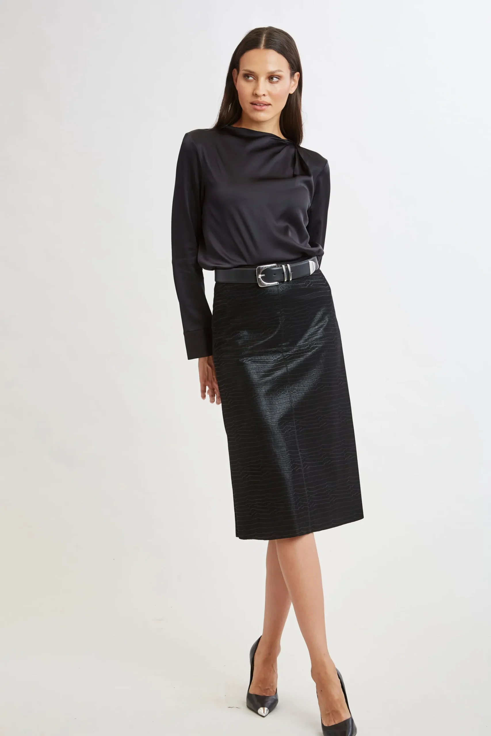Elie Tahari Bottoms|Suiting-Croco Embossed Vegan Leather Midi Skirt
