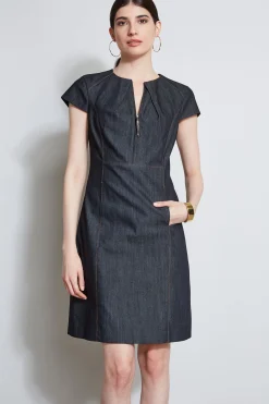 Elie Tahari Dresses & Jumpsuits|Short Sleeve Dresses-Denim Fit & Flare Zip Dress