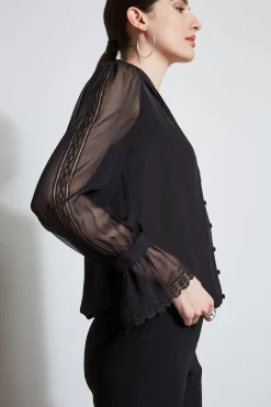 Elie Tahari Tops & Sweaters-Embroidered Sleeve Blouson Shirt