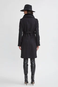 Elie Tahari Coats-Faux Fur Collar Wool Wrap Coat