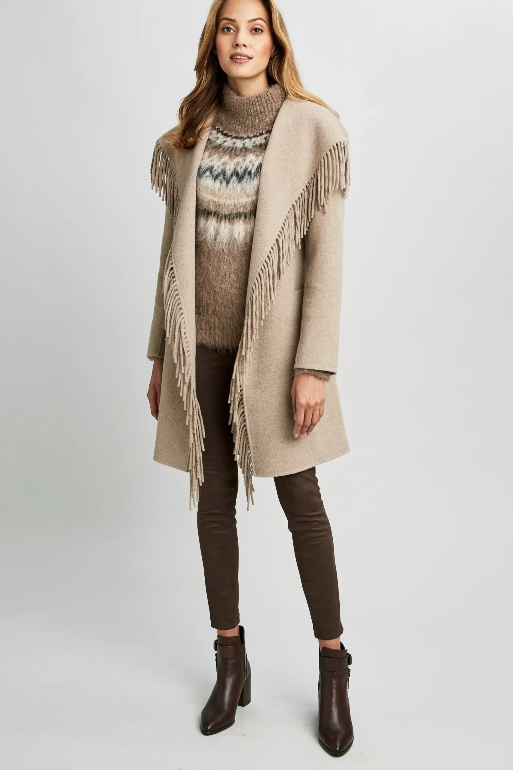 Elie Tahari Coats-Long Sleeve Fringe Detail Wrap Coat