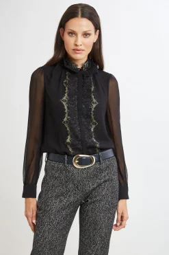 Elie Tahari Tops & Sweaters|Suiting-Metallic Lace Trim Silk Shirt