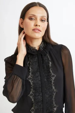Elie Tahari Tops & Sweaters|Suiting-Metallic Lace Trim Silk Shirt