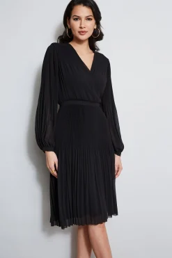 Elie Tahari Dresses & Jumpsuits|Long Sleeve Dresses-Mock Wrap Pleated Dress