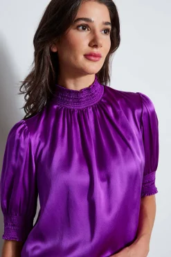 Elie Tahari Tops & Sweaters|Suiting-Short Sleeve Silk Satin Smocked Shirt