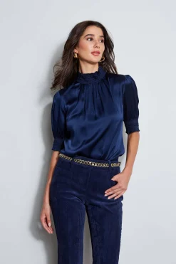 Elie Tahari Tops & Sweaters|Suiting-Short Sleeve Silk Satin Smocked Shirt
