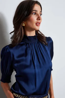 Elie Tahari Tops & Sweaters|Suiting-Short Sleeve Silk Satin Smocked Shirt