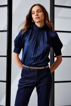 Elie Tahari Tops & Sweaters|Suiting-Short Sleeve Silk Satin Smocked Shirt