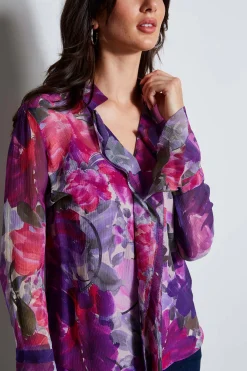 Elie Tahari Tops & Sweaters-Silk Chiffon Tossed Floral Ruffle Shirt