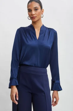 Elie Tahari Tops & Sweaters-Silk Satin Contour Neck Ruffle Cuff Shirt