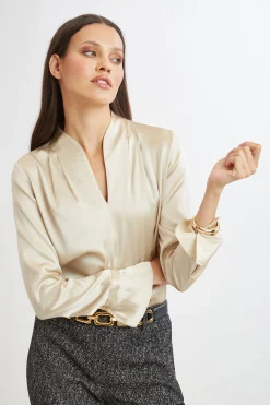 Elie Tahari Tops & Sweaters|Suiting-Silk Satin Contour Neck Ruffle Cuff Shirt