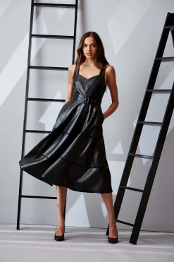 Elie Tahari Dresses & Jumpsuits|Sleeveless Dresses-Vegan Leather Fit & Flare Dress
