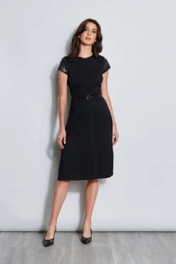 Elie Tahari Dresses & Jumpsuits|Suiting-Vegan Leather Short Sleeve Belted Knit Dress